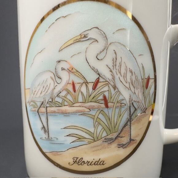 Lefton Japan Souvenir Mug/Cup Florida Egret Waterfowl Birds Gold Trim 1987 VTG - Picture 3 of 15